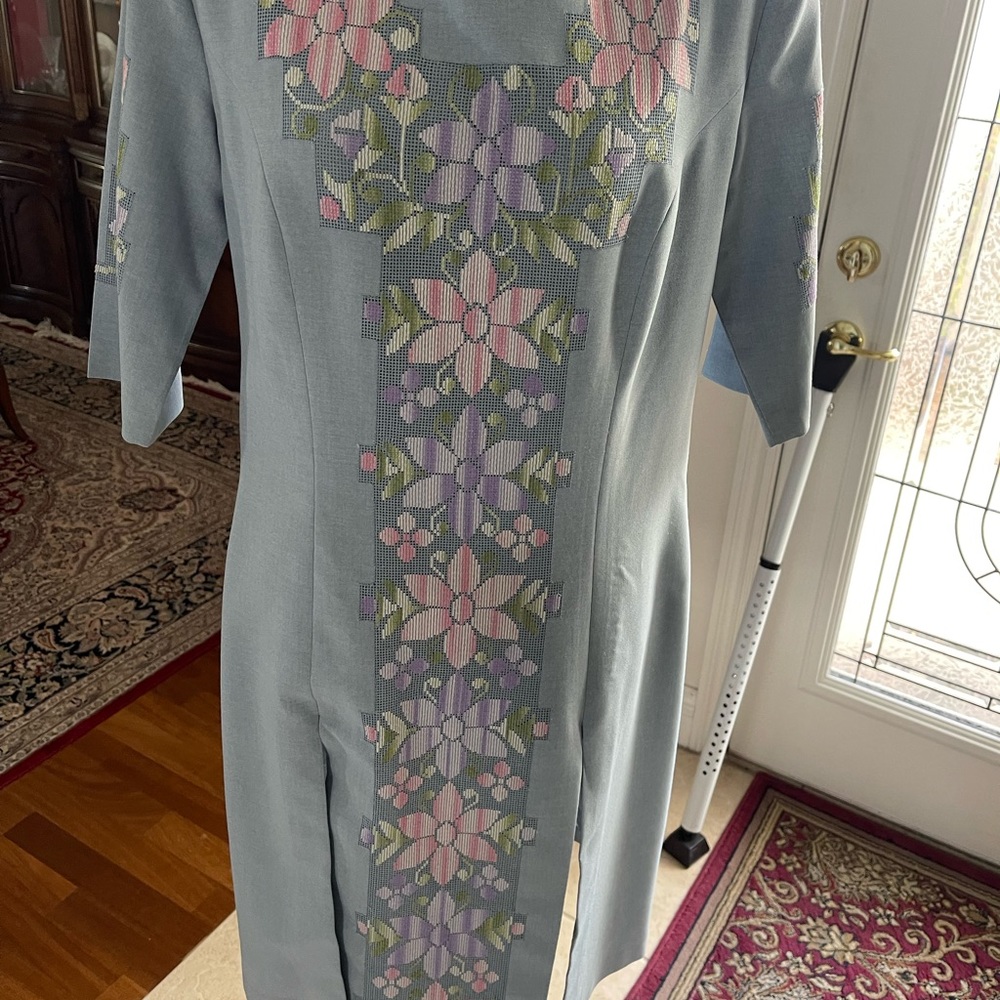 Pants outfit. Grey with Pink and Green embroidered flowers on the bodice.